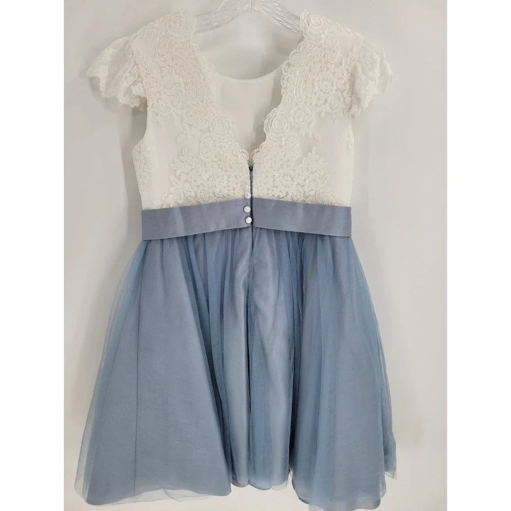 JJ's HOUSE GIRLS DUSTY BLUE FLOWER GIRL/BRIDESMAID TULLE EMBROIDERED DRESS SZ 12